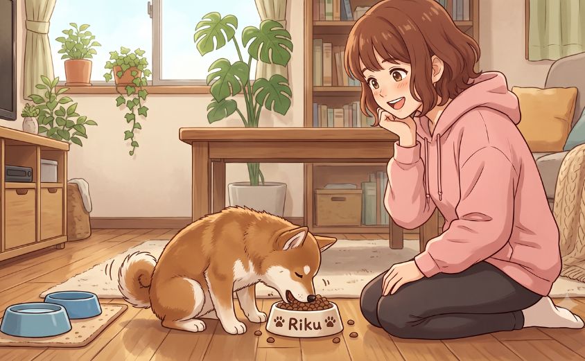 犬がごはんを食べている